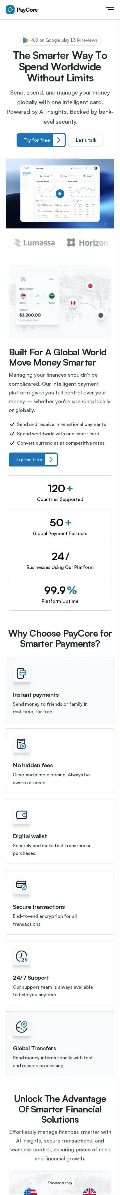 Paycore home page on mobile