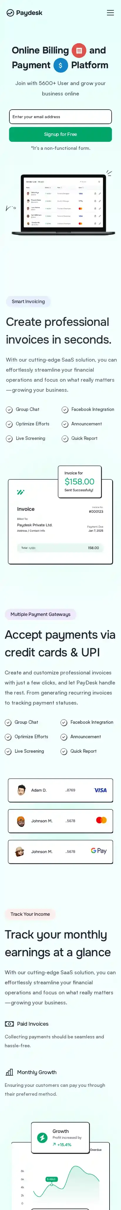 Paydesk home page on mobile