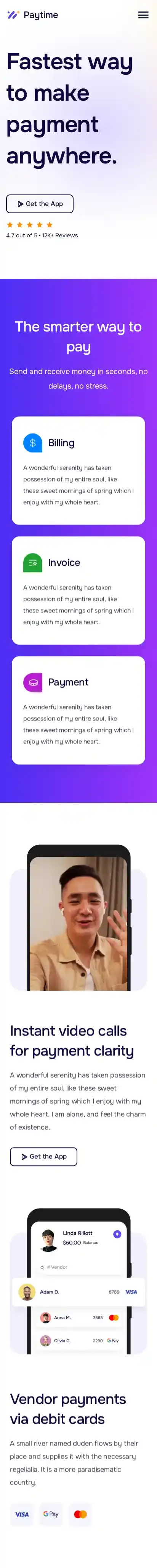 Paytime home page on mobile