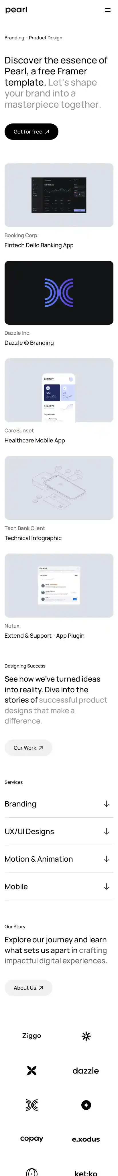 Pearl home page on mobile