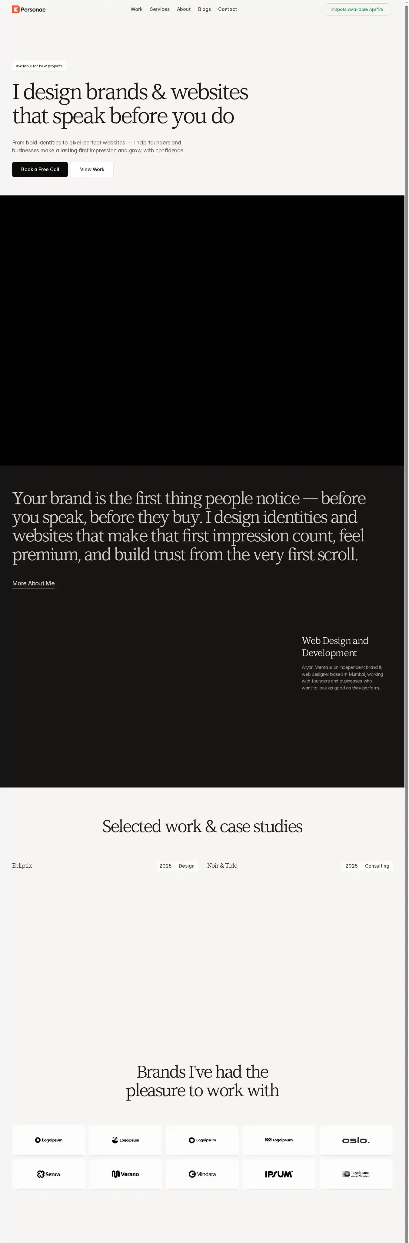 Personae home page on desktop