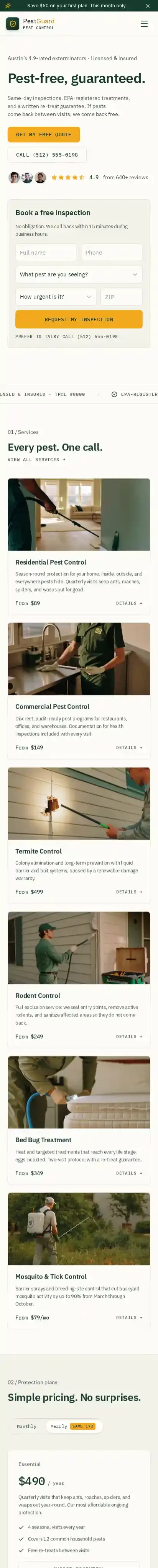 Pest Control home page on mobile