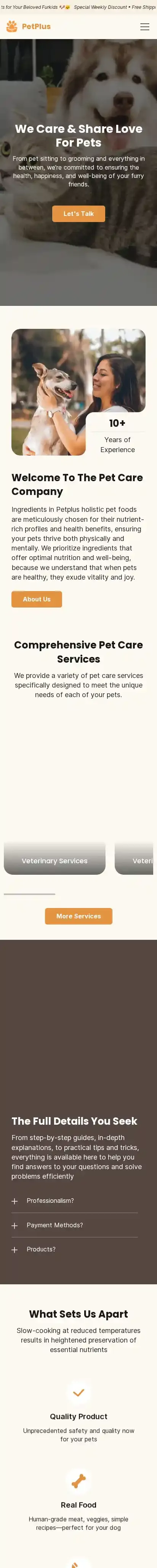 Pet Plus home page on mobile