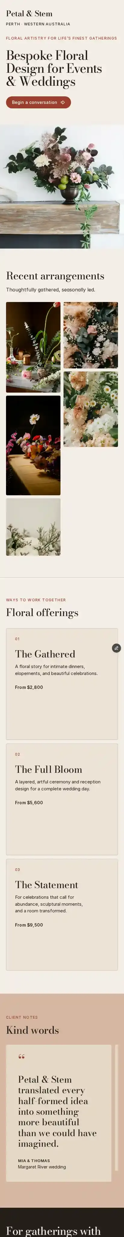 Petal & Stem home page on mobile