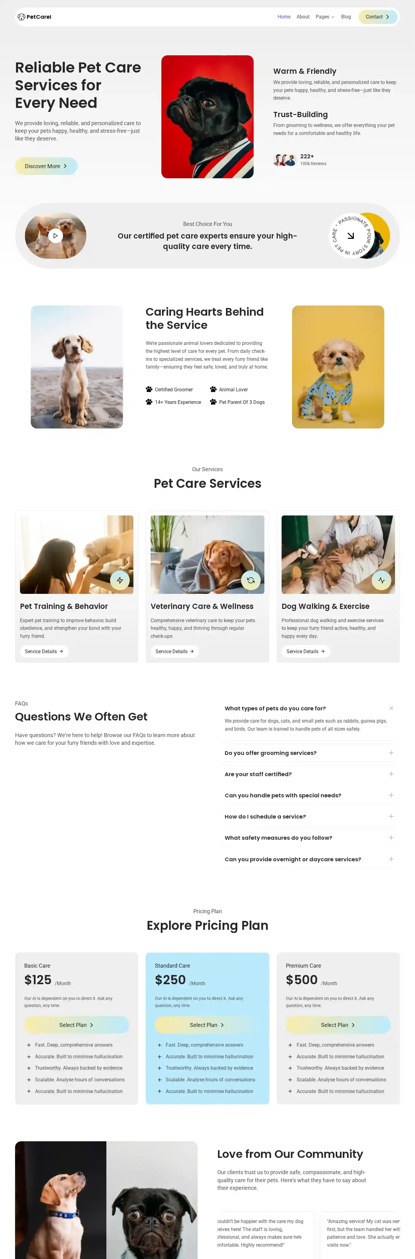 Petcarei Pet Care home page on desktop