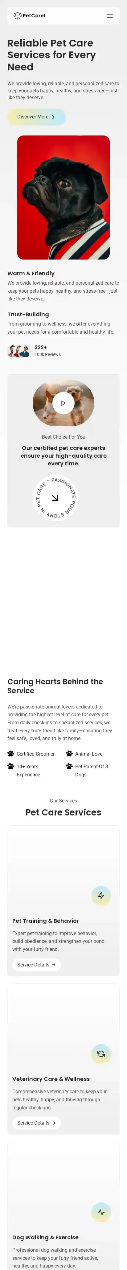 Petcarei Pet Care home page on mobile