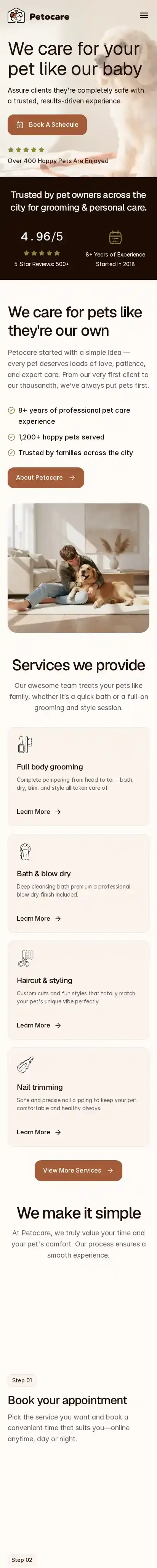 Petocare home page on mobile