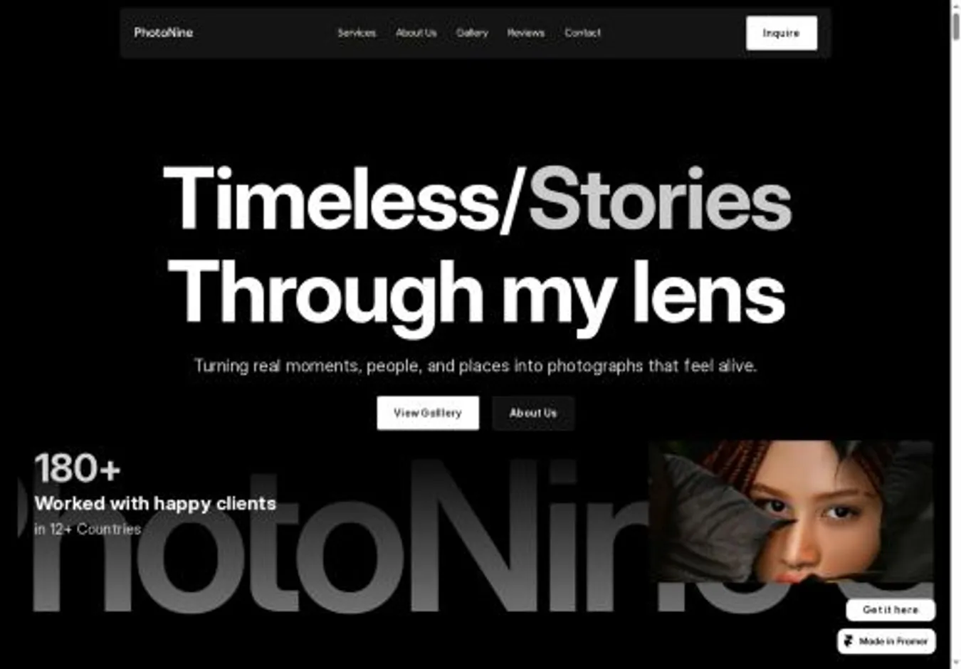 PhotoNine home page on desktop