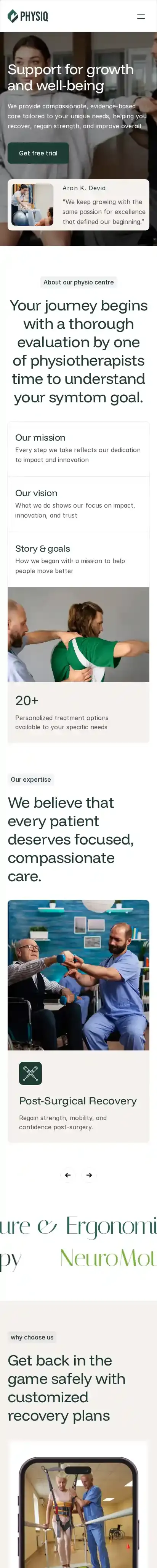 Physiq home page on mobile