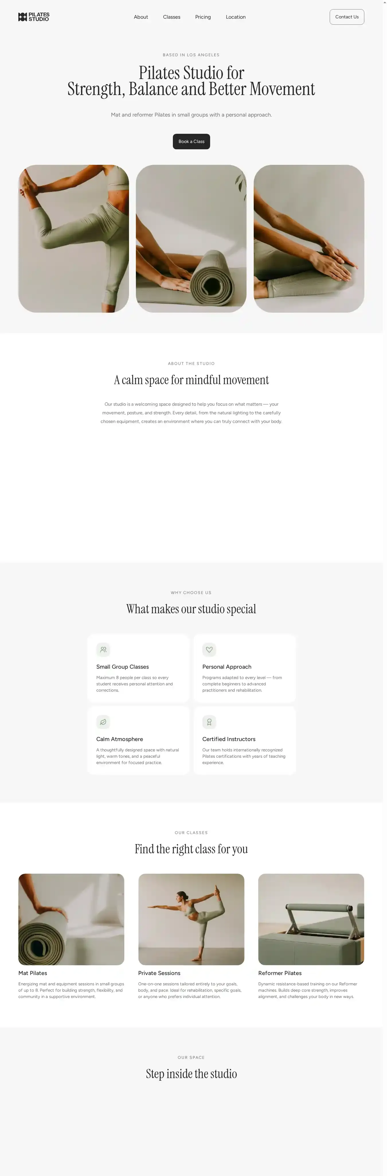 Pilates Lab home page on desktop