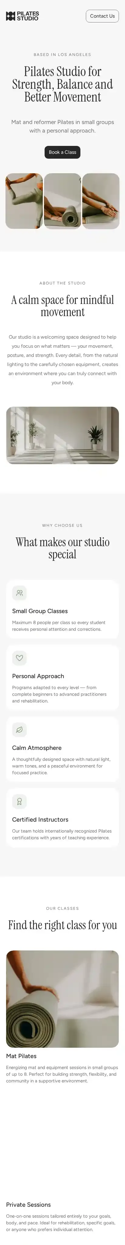 Pilates Lab home page on mobile