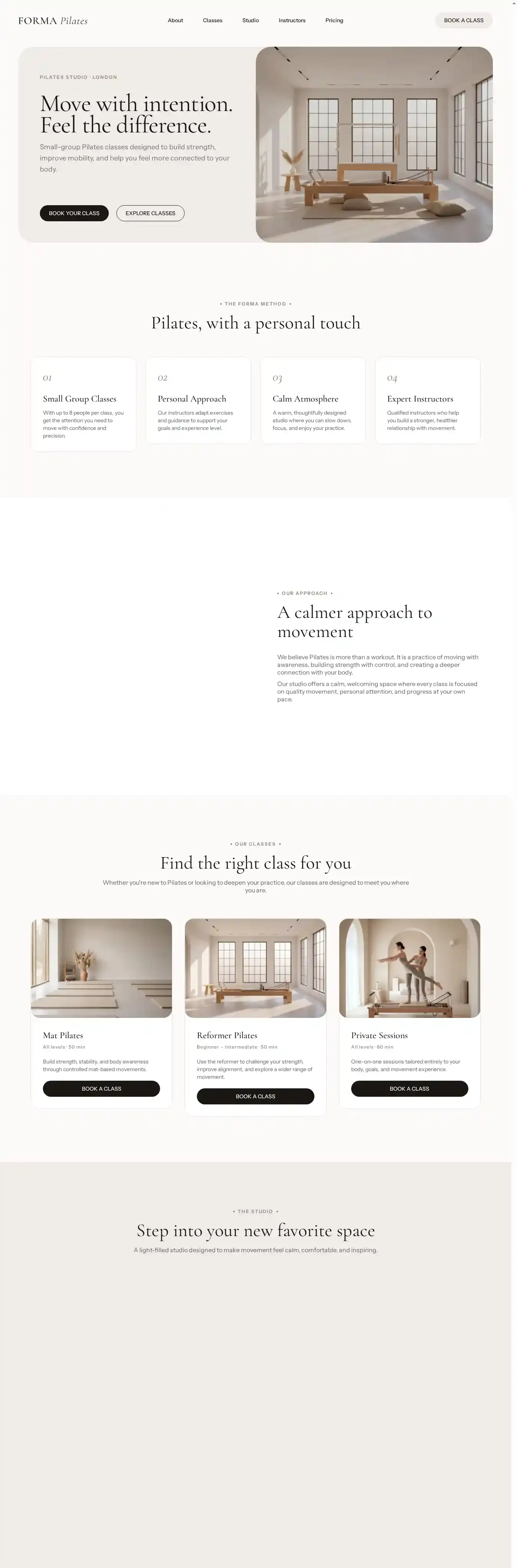 Pilates Studio home page on desktop