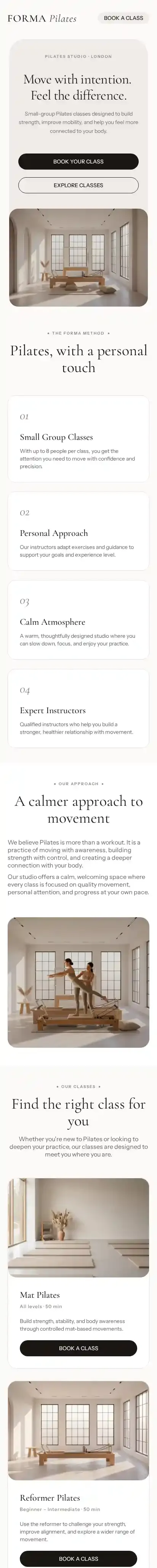 Pilates Studio home page on mobile