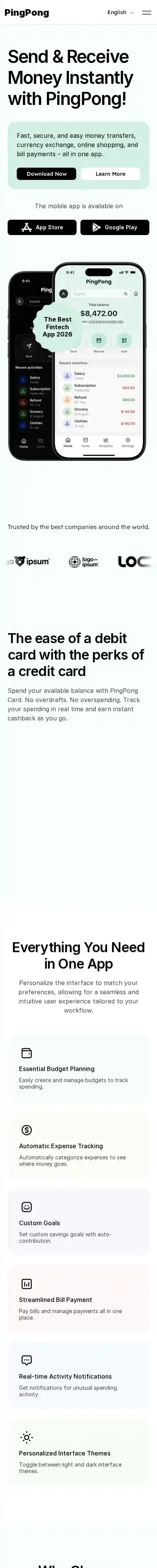 PingPong App home page on mobile