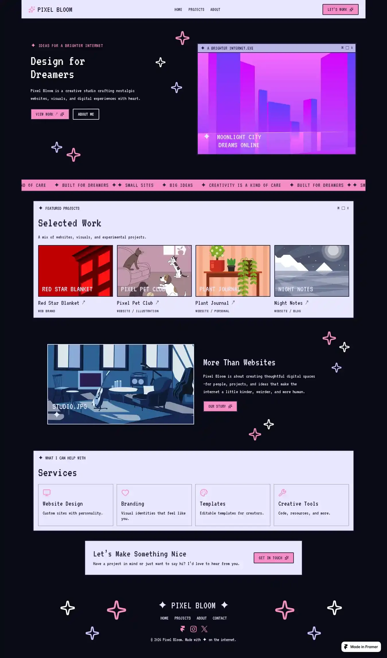 Pixel Bloom home page on desktop