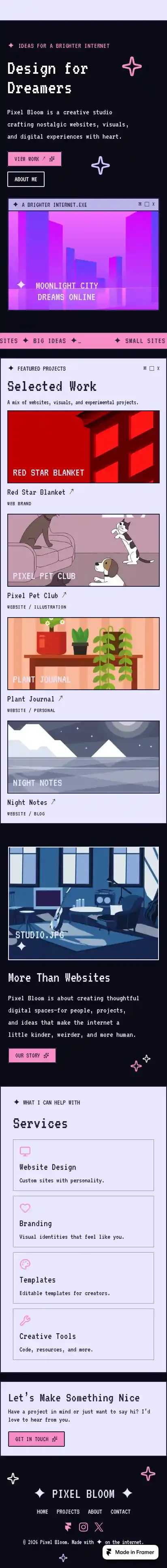 Pixel Bloom home page on mobile