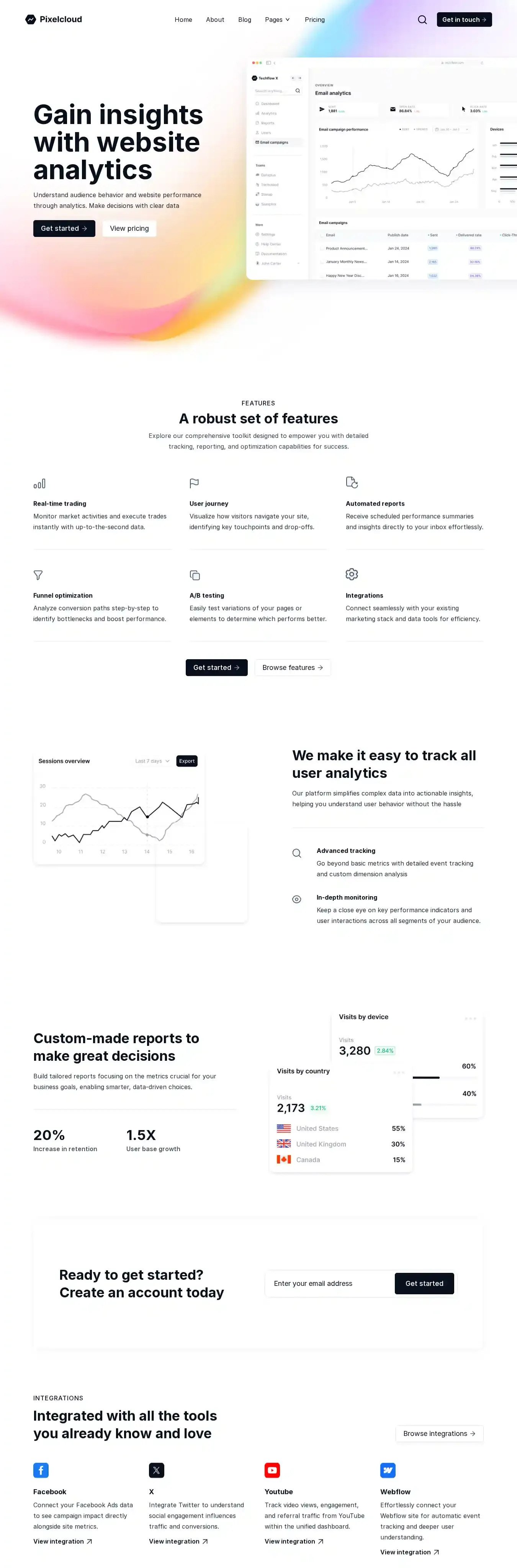 Pixelcloud home page on desktop