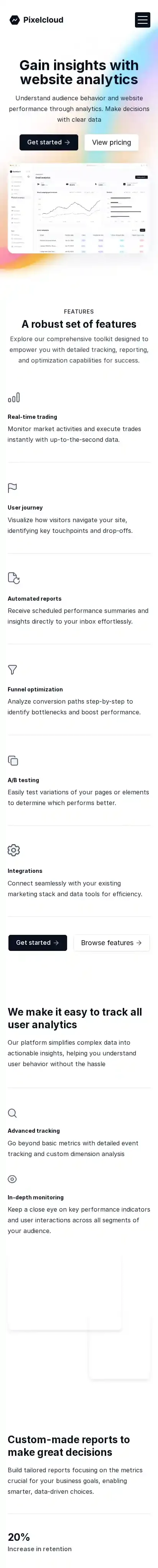 Pixelcloud home page on mobile