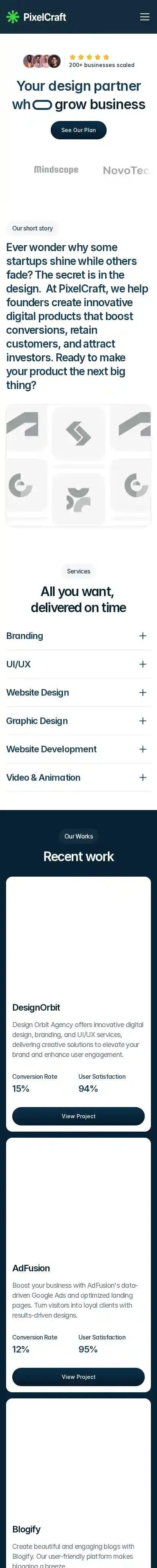PixelCraft home page on mobile