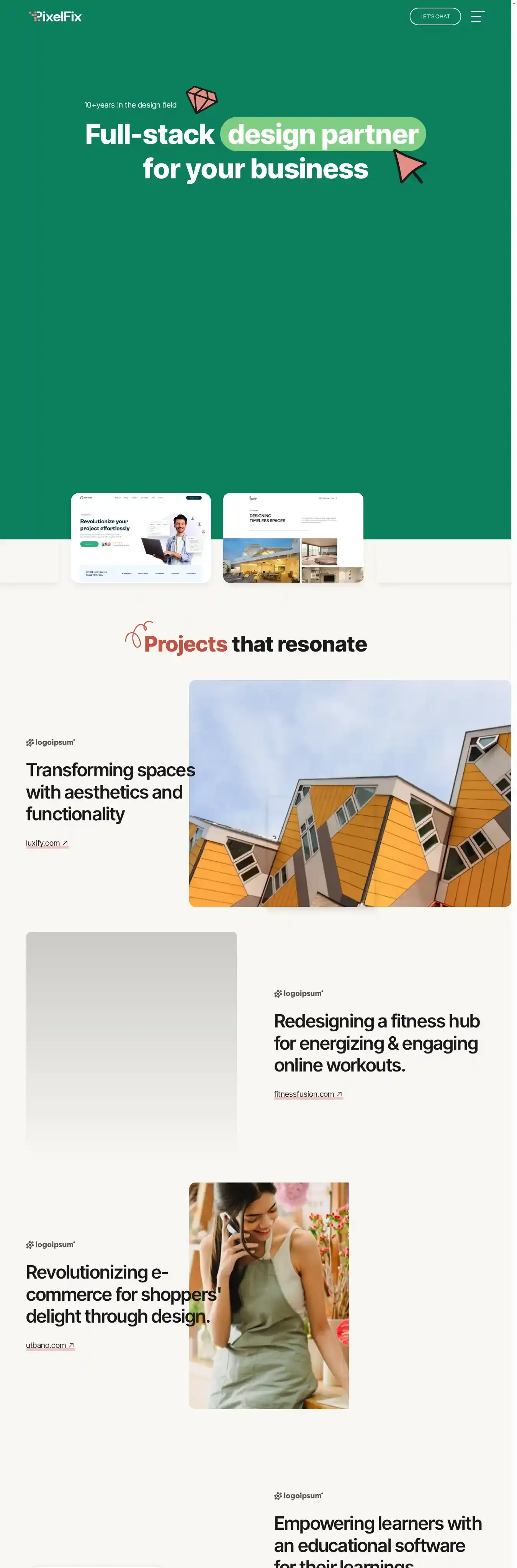 PixelFix home page on desktop