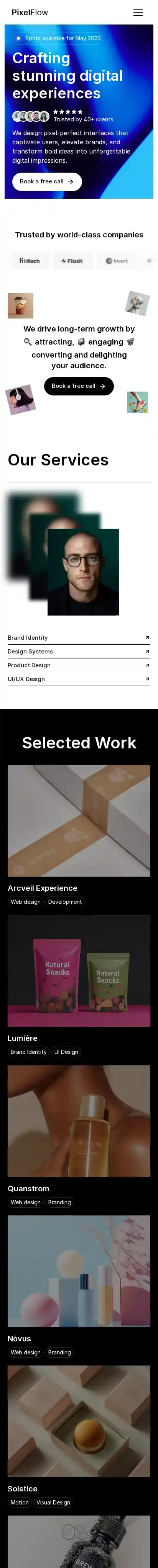 Pixelflow home page on mobile