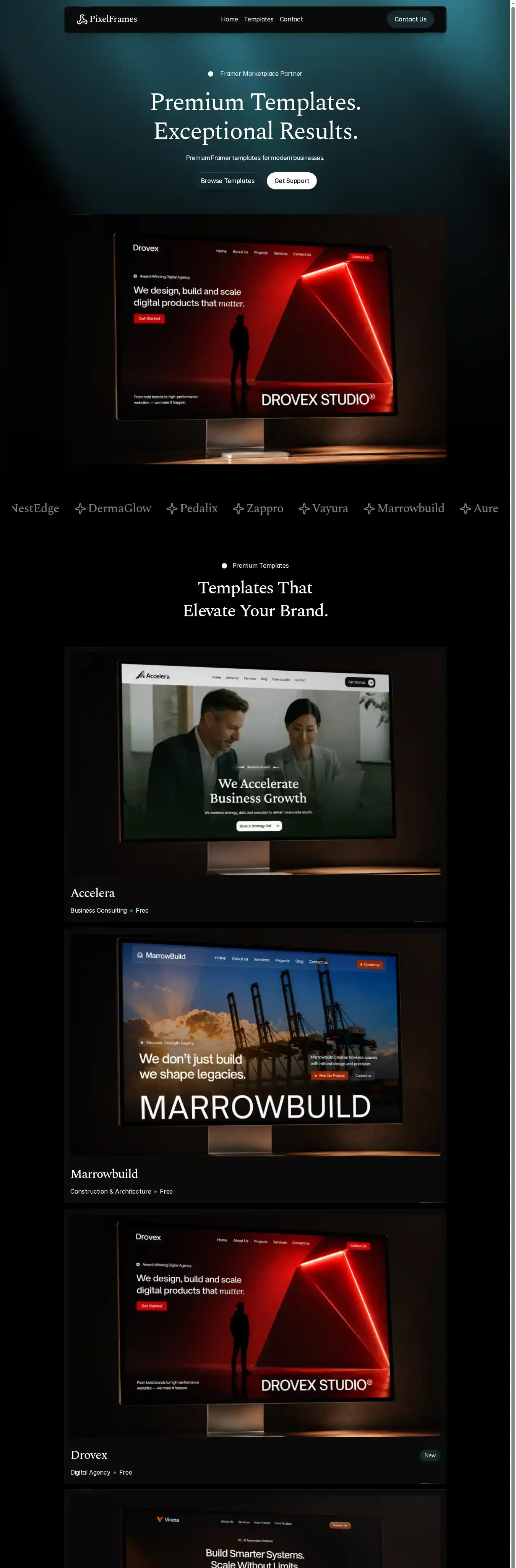 Pixelframes home page on desktop