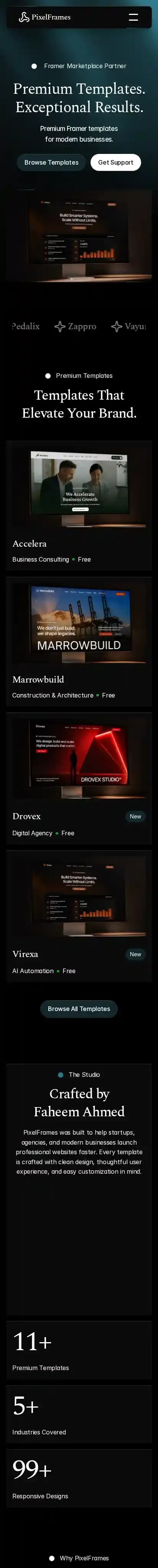 Pixelframes home page on mobile