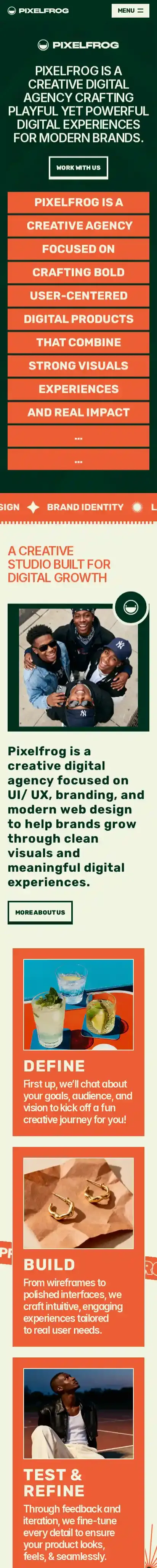 PixelFrog home page on mobile