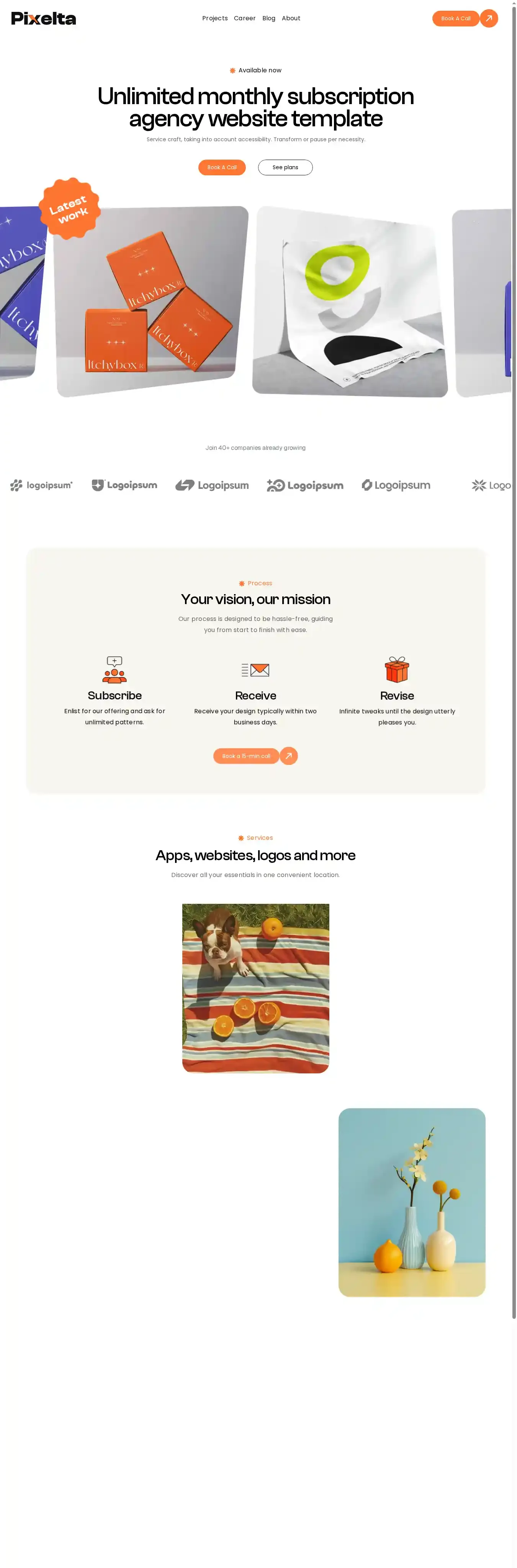 Pixelta home page on desktop