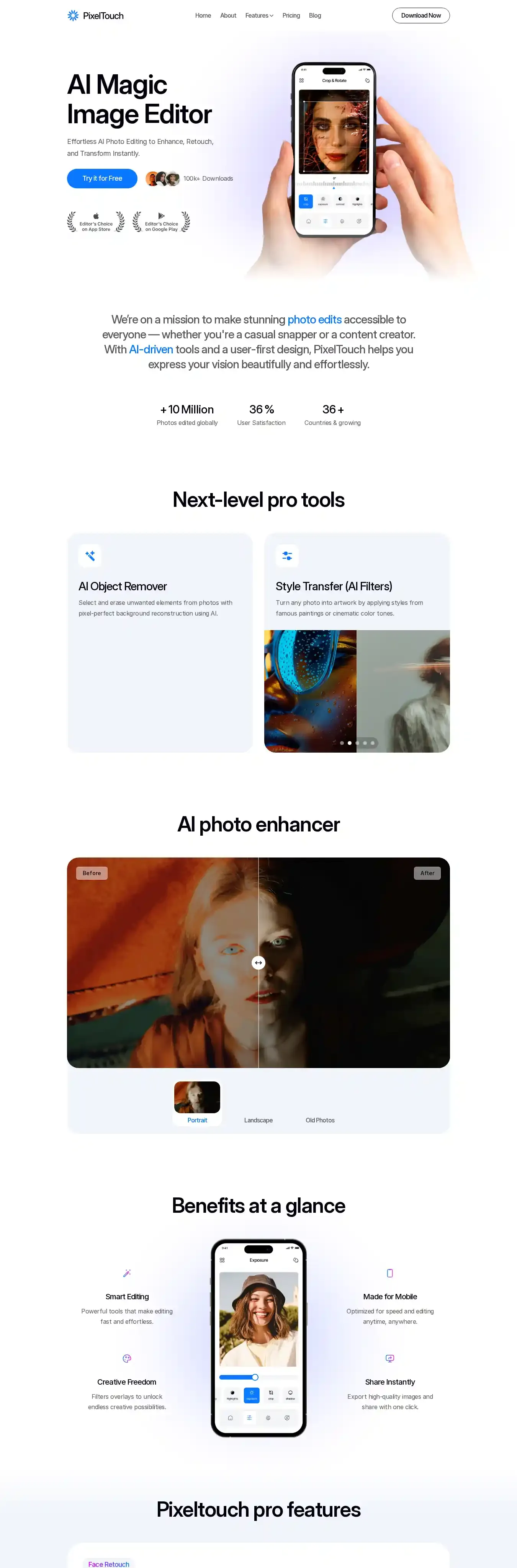 PixelTouch home page on desktop