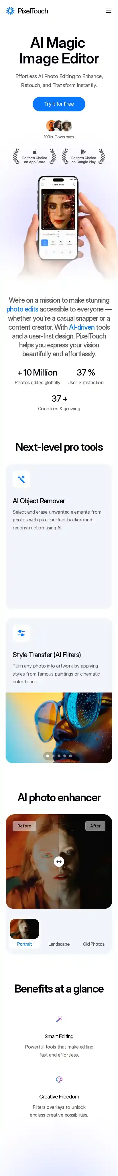 PixelTouch home page on mobile