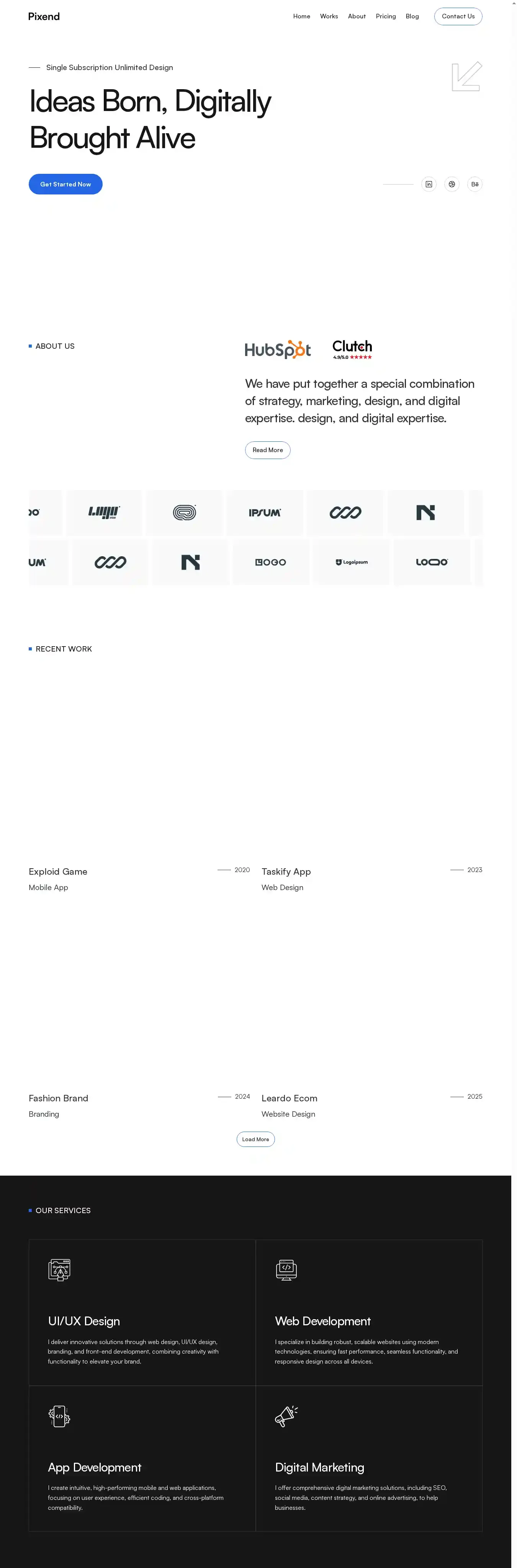 Pixend home page on desktop