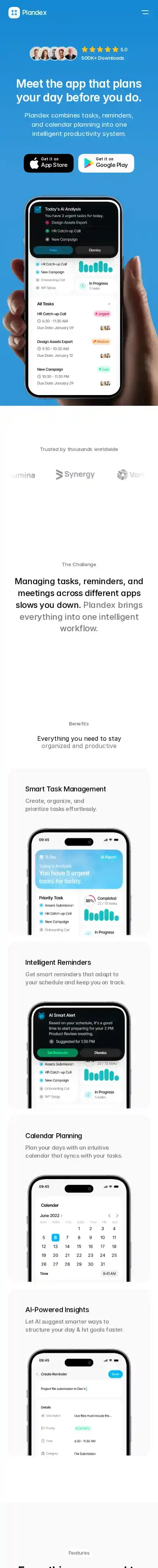 Plandex home page on mobile
