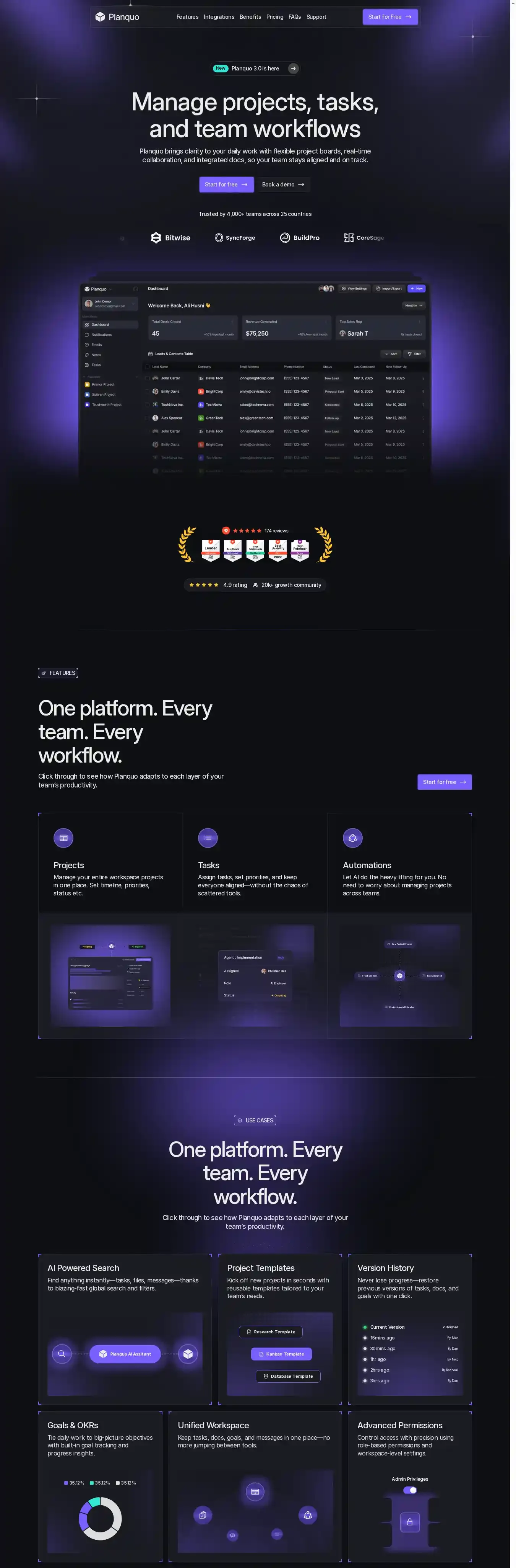 Planquo home page on desktop