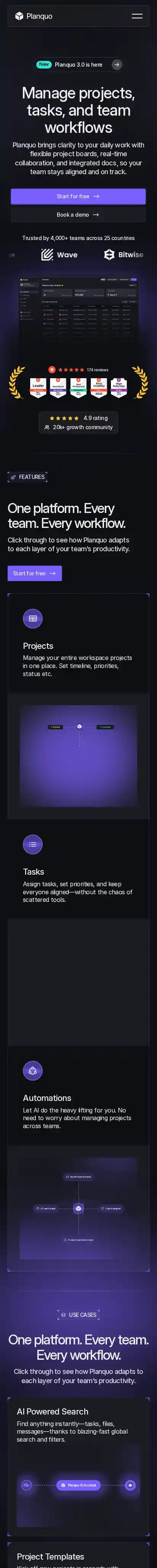 Planquo home page on mobile