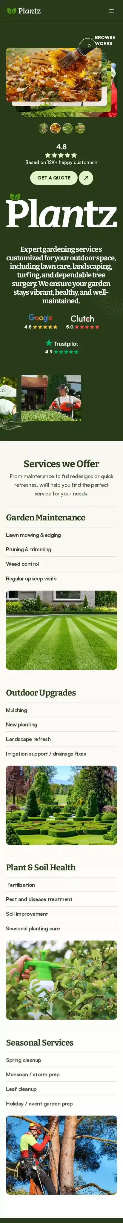 Plantz home page on mobile