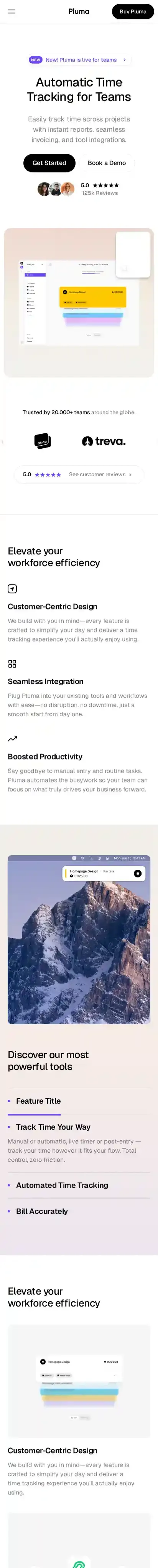 Pluma home page on mobile