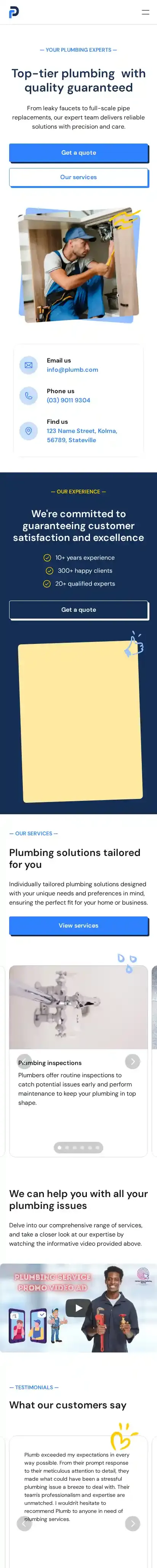 Plumb home page on mobile