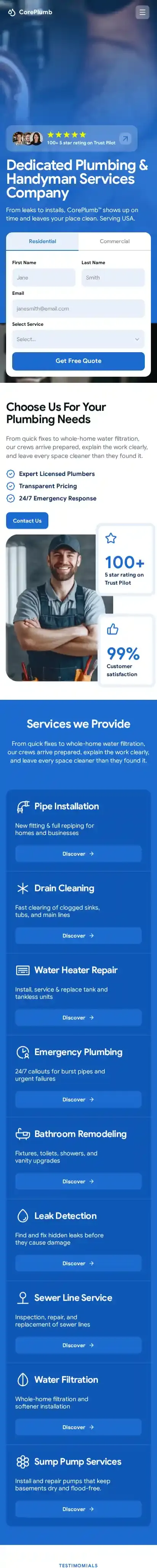 Plumber & Handyman home page on mobile