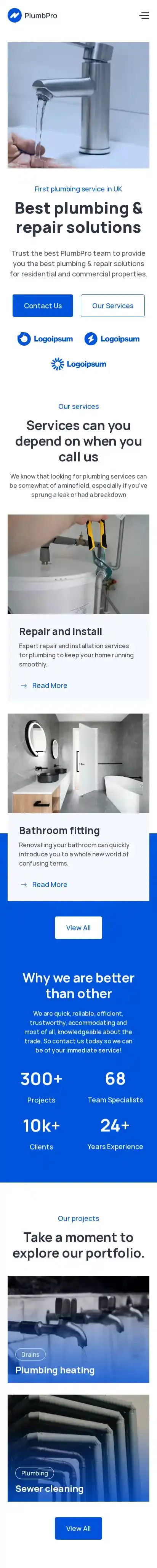 Plumber Pro home page on mobile