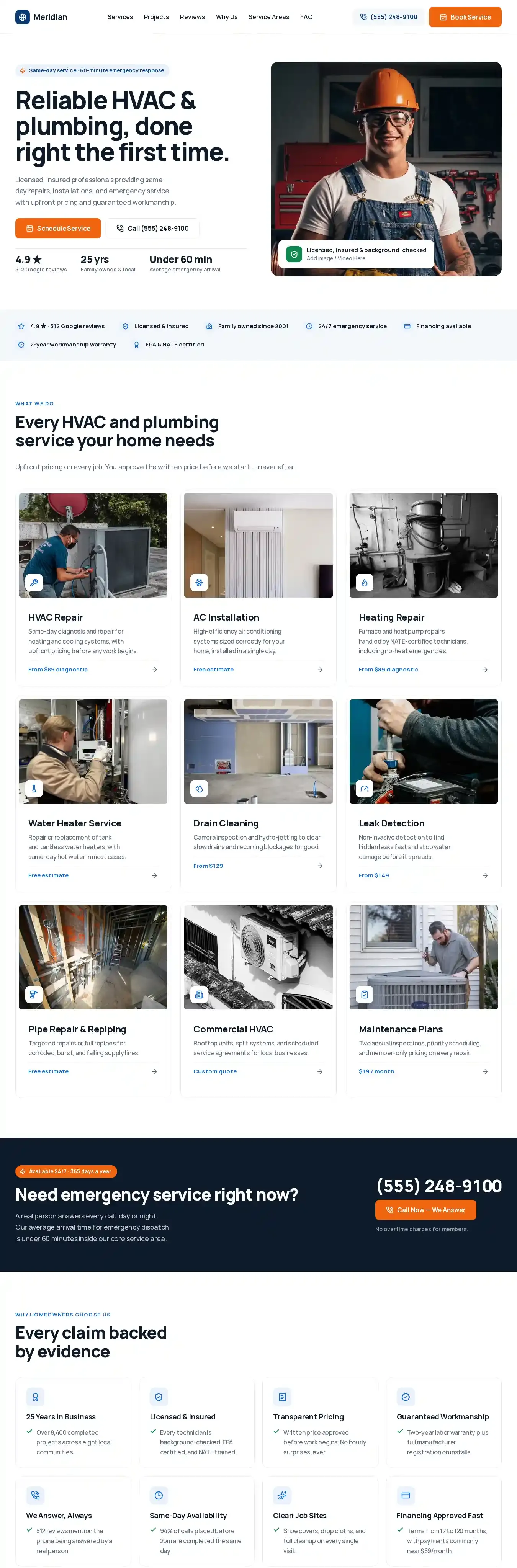 Plumbing & AC repair home page on desktop