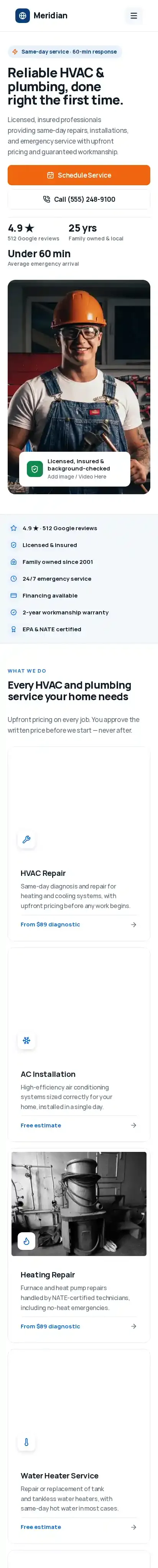 Plumbing & AC repair home page on mobile