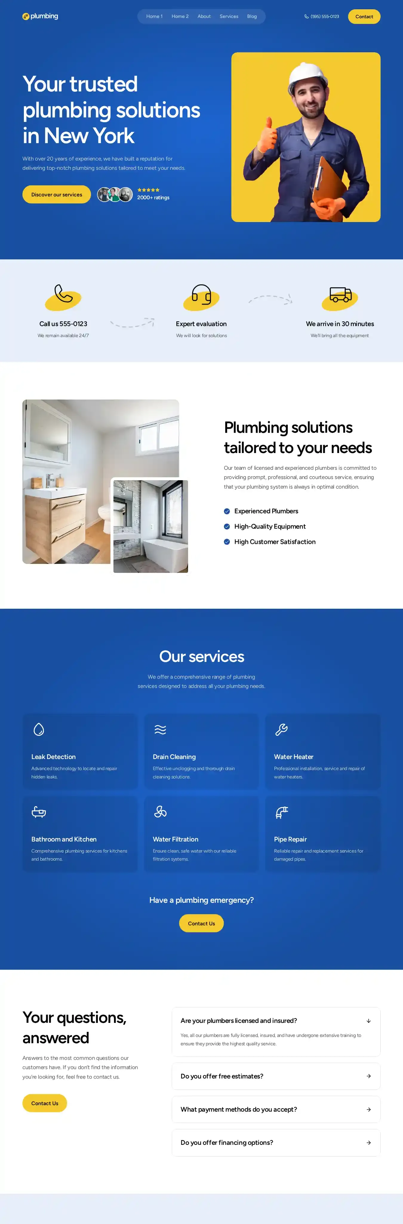 Plumbing home page on desktop