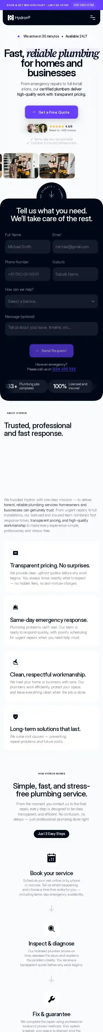 Plumbing Hydron home page on mobile