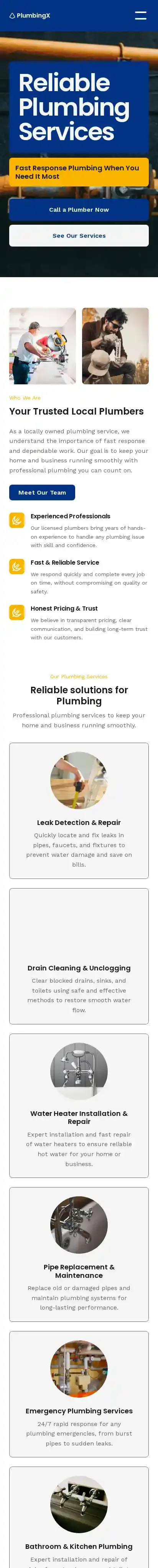 Plumbingx Plumber home page on mobile