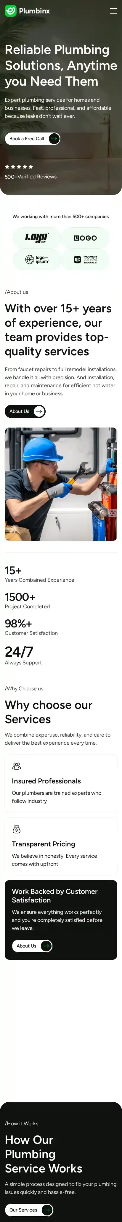 Plumbinx home page on mobile