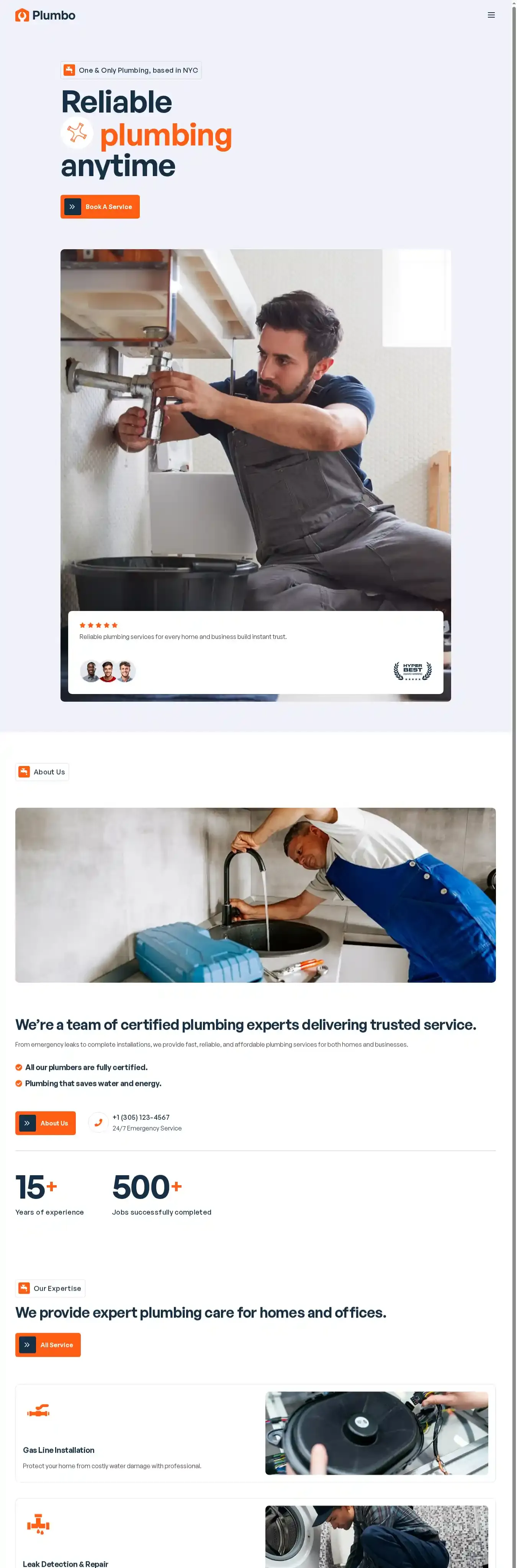 Plumbo home page on desktop