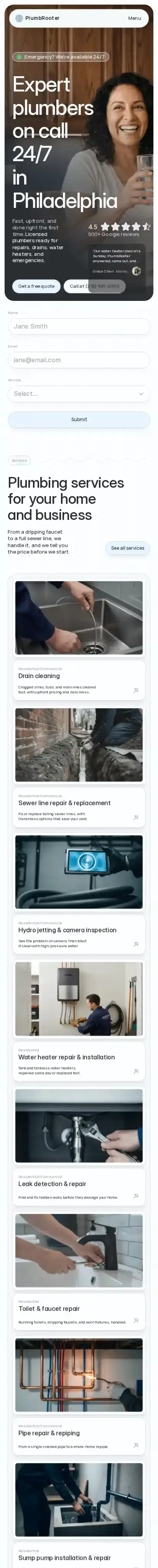 PlumbRooter home page on mobile