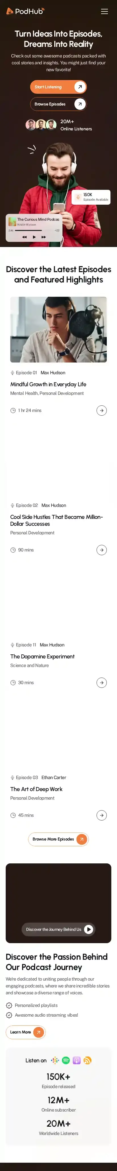 PodHub home page on mobile