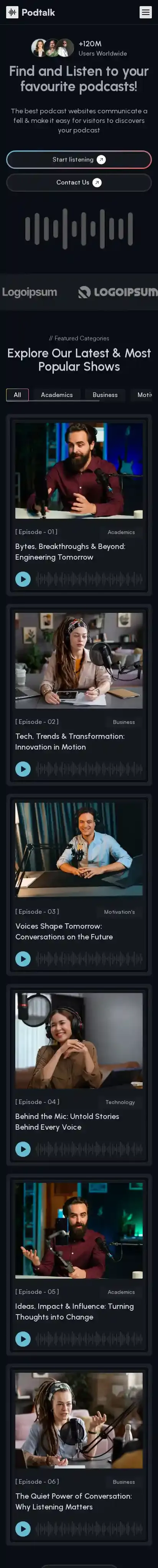 PodTalk home page on mobile